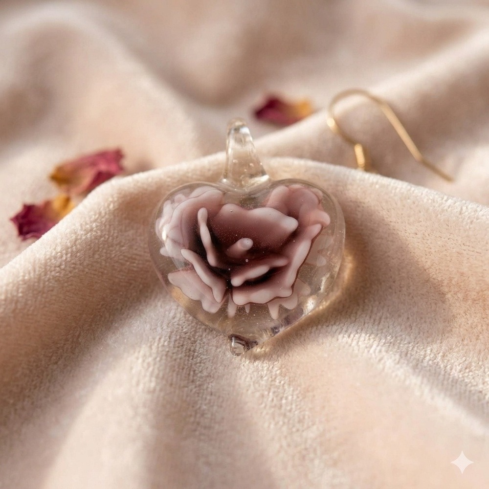 Handmade Lampwork Glass Heart Pendant Mauve Rose Flower Clear 3D Floral Charm